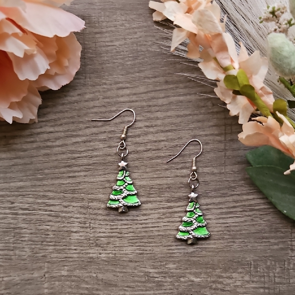Festive Green Christmas Tree Earrings